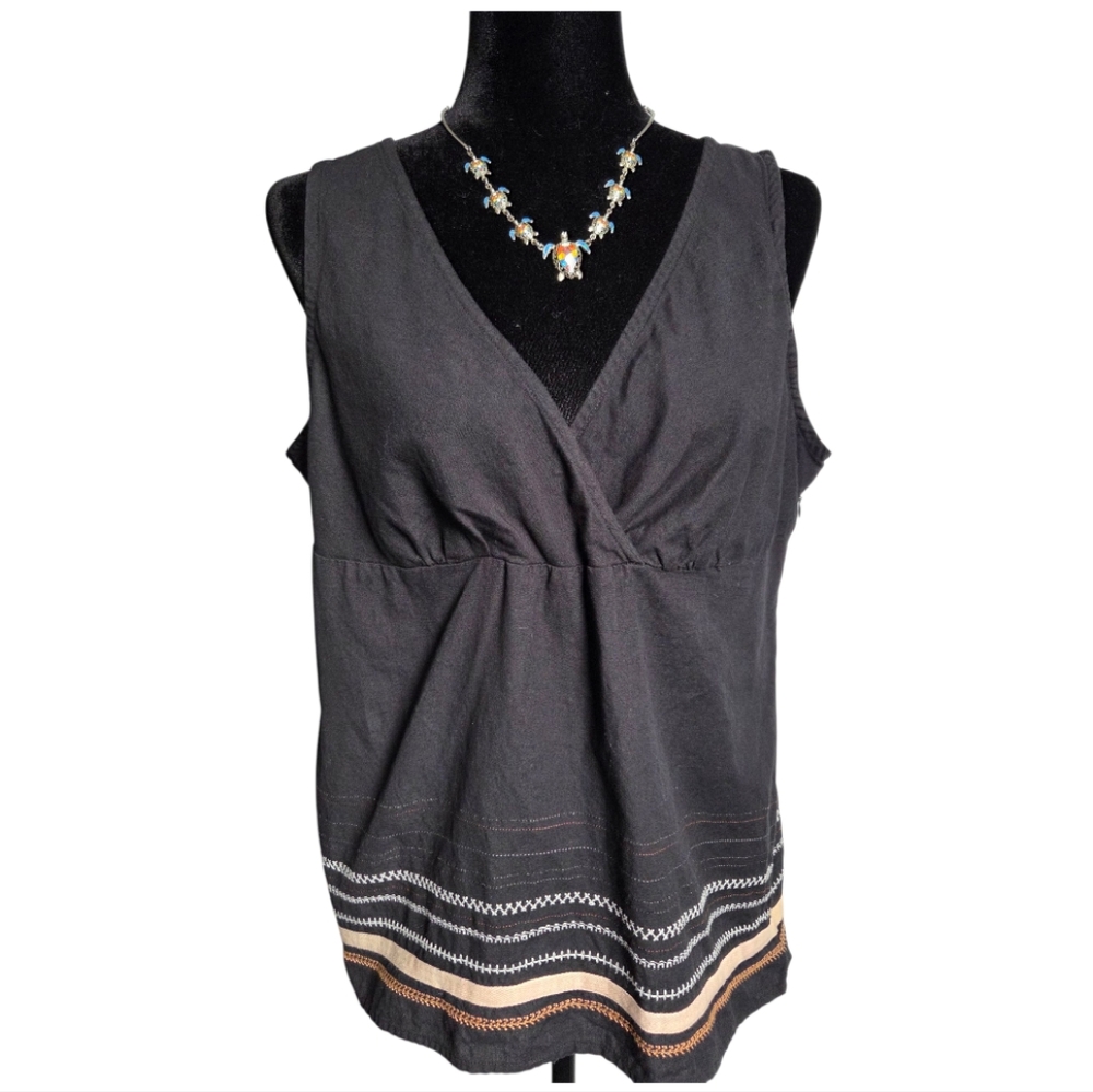 Adventura Black Sleeveless Top Embroidered Hem Cotton Linen Blend Women's XL